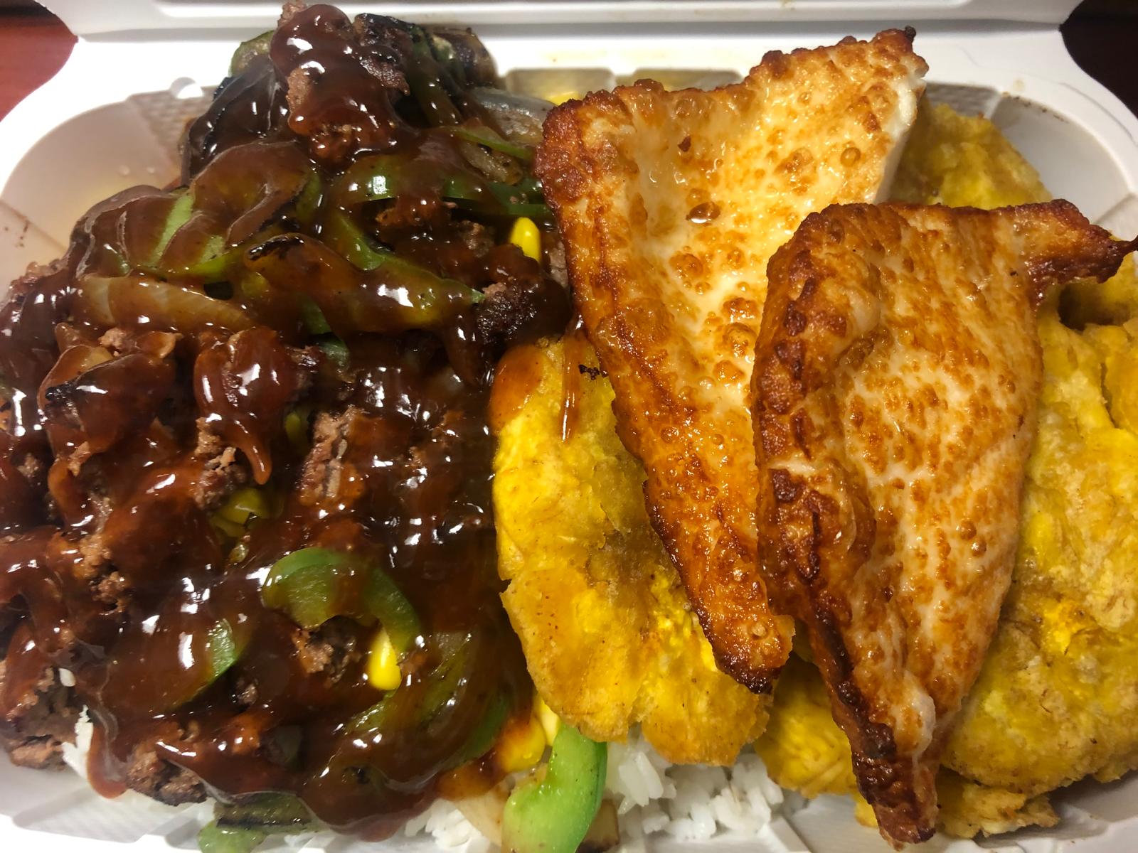 Pepper Steak with Tostones and Fried Cheese
